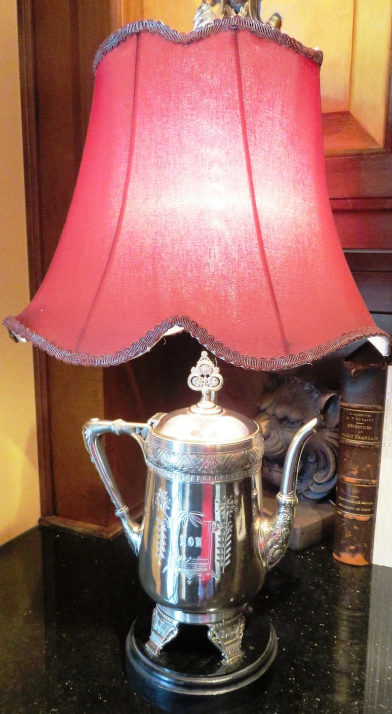 Silver TEAPOT LAMP Engraved mom W Red Shade Etsy
