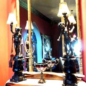 Pair ERNEST JUSTIN FERRAND Bronze Sculpture Lamps Cherub Statues 53&quot;