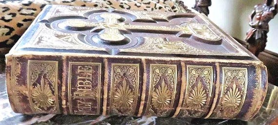 Rare ANTIQUE BIBLE 1879 Gold Cross Ornate Leather Hardcover
