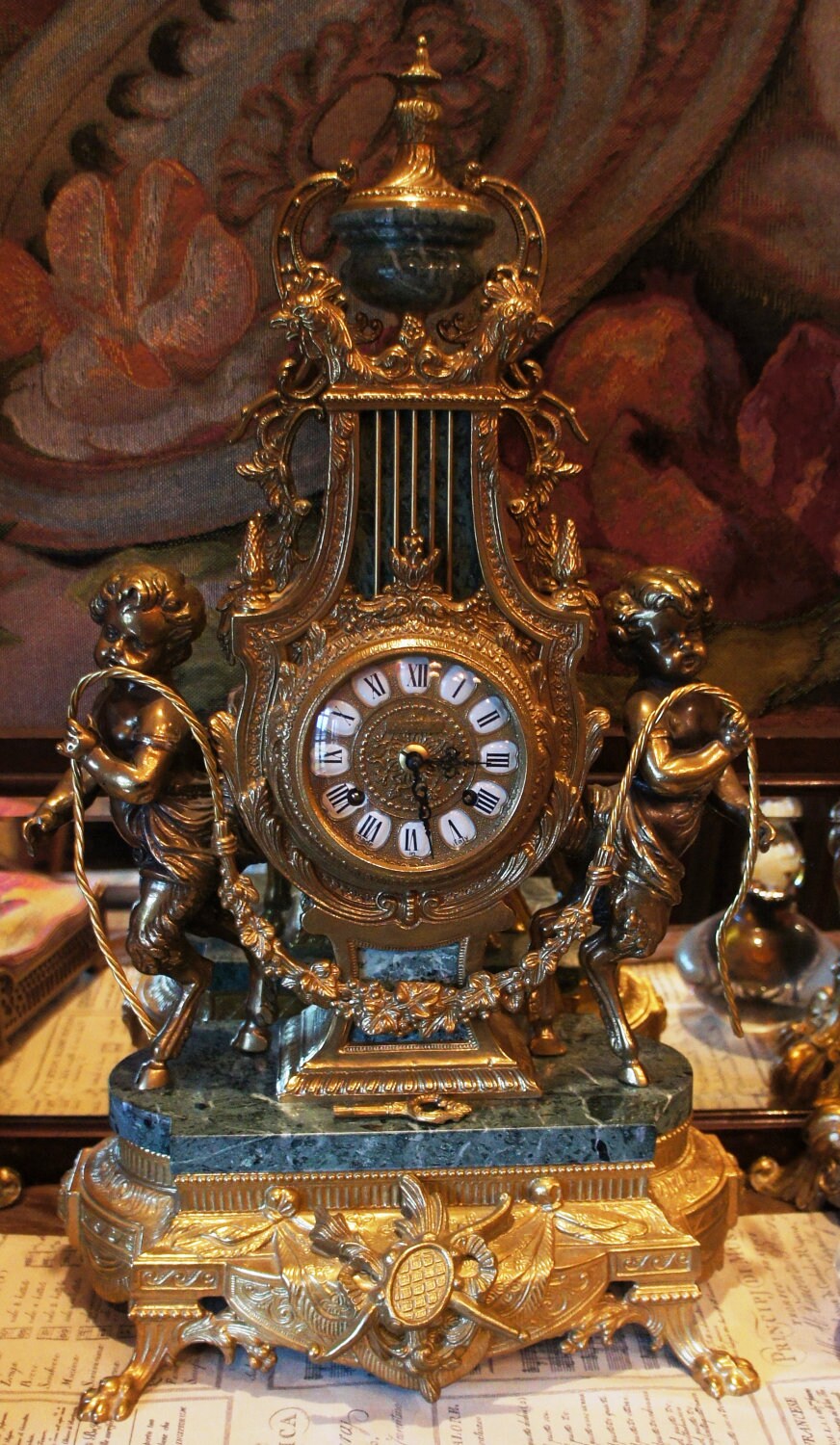 Vintage IMPERIAL Mantel Clock Farbel Fonderie D'ARTE Verde Marble W