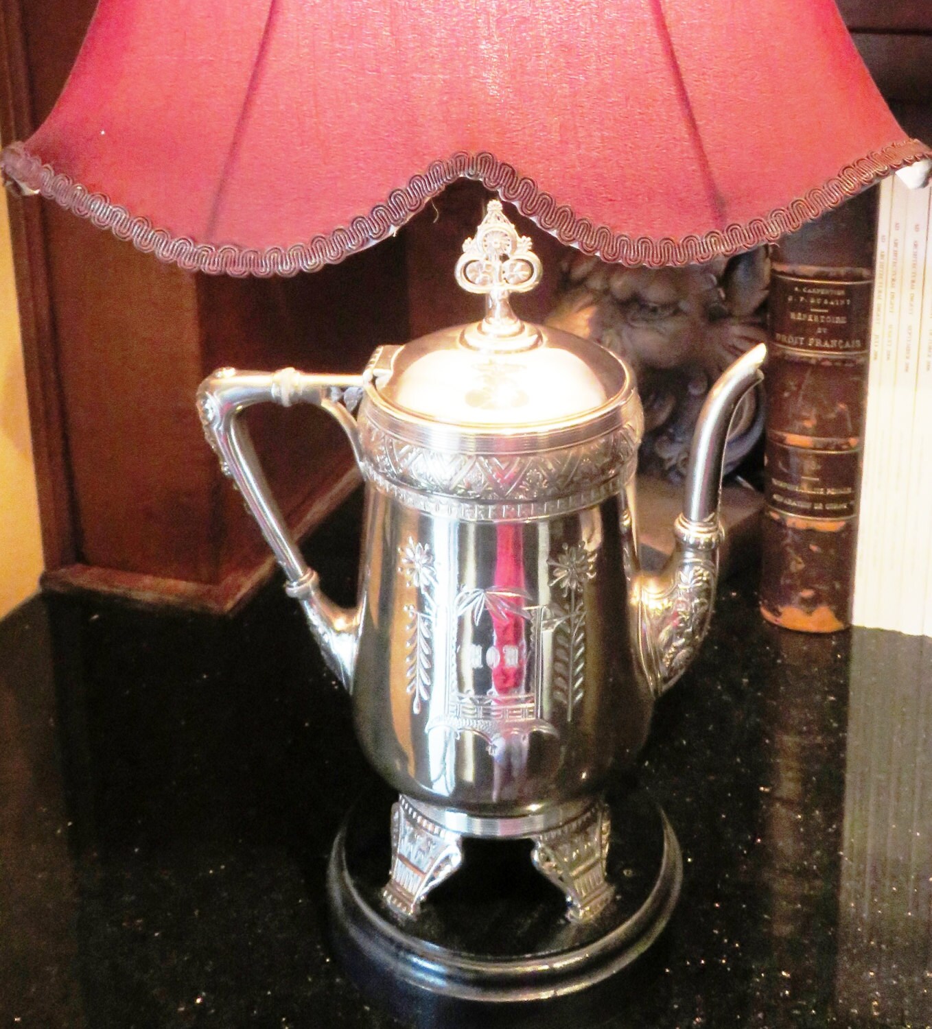Vintage SILVER TEAPOT Lamp Engraved "mom" W Red Shade Unique Gift for ...