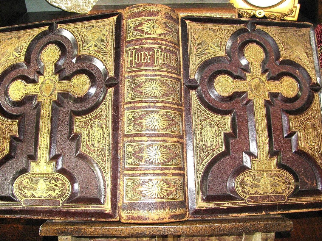 Rare ANTIQUE BIBLE 1879 Gold Cross Ornate Leather Hardcover