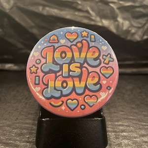 Love is Love Pin-Back Button – LGBTQ+ Pride Pin | Rainbow Love Button | Inspirational LGBTQ Accessory | Custom Pride Gift