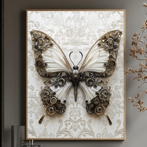 Stampa con farfalla steampunk incorniciata: arte murale con insetti meccanici