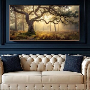 Sunlit Forest Framed Canvas Print: Large Panoramic Wall Art
