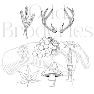 Digitale PDF-Muster - Herbstkerze, Ahornblatt, Pilz, Traube, Hirschgeweih, Handstickmuster (Moderne Stickerei, PDF)