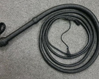 May include: A black leather bullwhip with a braided handle. The whip is coiled and ready for use.