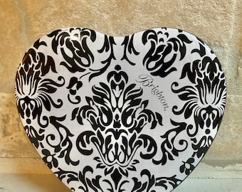 Brighton Heart-Shaped Hard-to-Find Black & White Floral Jewelry Tin, 5.5"