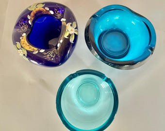 Vintage Blue Glass Ashtray Set 3 Mid-Century Modern Retro Collectible