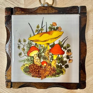 May include: A decorative tile featuring a colorful illustration of mushrooms in a forest setting. The tile is set within a dark wooden frame with a brass ring for hanging. The artwork includes yellow, red, and green hues.