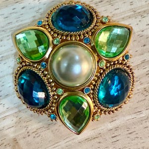 Joan Rivers Signed Vintage 1990’s Green and Blue Large Classic Statement Brooch