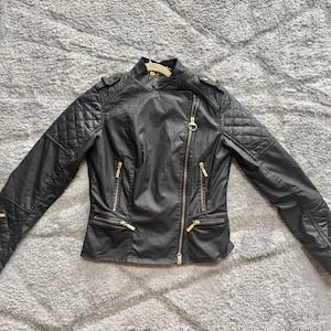Barbour Jacket Womens UK 8/US 4 Black Waxed Cotton Biker Waterproof Hard to find