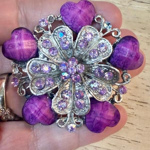 Vintage Purple Rhinestone & Heart Floral Statement Brooch - Estate Sale Find