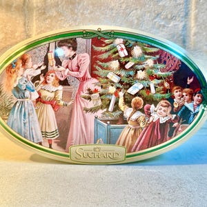 Vintage Suchard Oval Tin Box – French Christmas Scene – 7&quot; Collectible