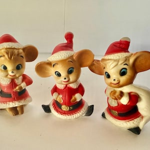 Conjunto de 3 bonecos de rato de Papai Noel de Natal vintage