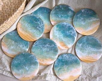 Posavasos de resina marina / Decoración playera de madera epoxi / Vajilla veraniega costera / Regalo único de edición limitada