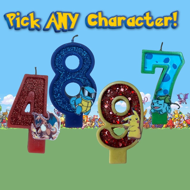 May include: Four birthday candles with different Pokemon characters on them. The candles are red, blue, gold, and green. The numbers on the candles are 4, 8, 9, and 7.