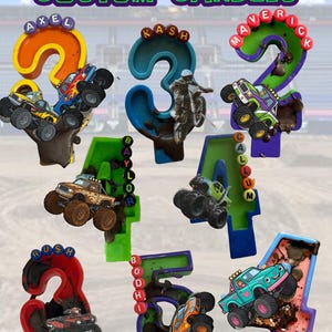 May include: A collection of custom number-shaped candles featuring various monster trucks, dirt bikes, and ATVs. Each candle is decorated with colorful letter beads spelling names like Axel, Kash, Maverick, Baylor, Callum, Rush, and Bodhi.