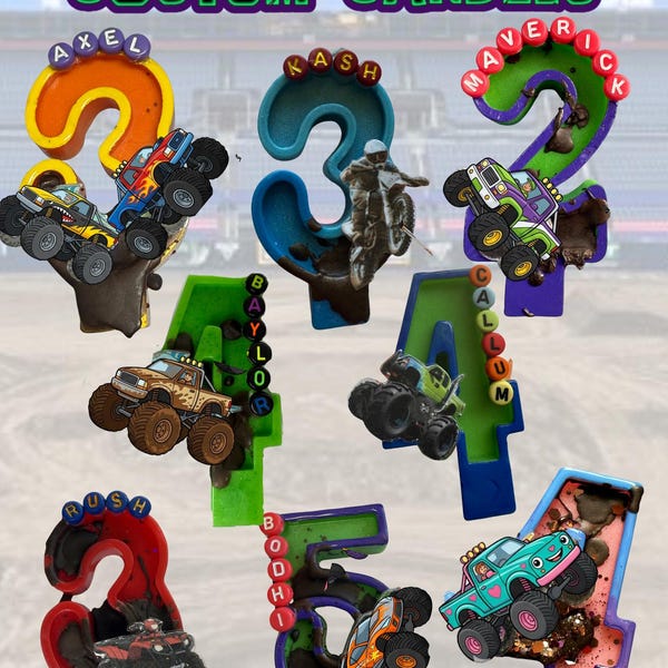 Pode incluir: Uma coleção de velas personalizadas em formato de números com vários monster trucks, motos de trilha e quadriciclos. Cada vela é decorada com miçangas coloridas com letras que formam nomes como Axel, Kash, Maverick, Baylor, Callum, Rush e Bodhi.