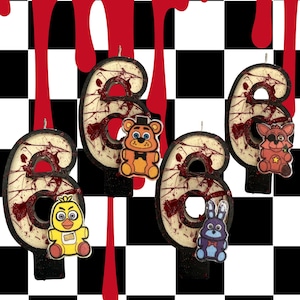 May include: Custom number 6 candles with character cutouts, featuring a yellow chick, a brown bear, a red fox, and a blue bunny. The candles have a distressed, blood-splatter design. The background is a black and white checkered pattern with red drips. The text "FNAF CUSTOM CANDLES" is at the bottom.