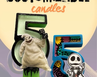 Candele di compleanno ispirate a Nightmare B4 Xmas: scegli il tuo personaggio! Ingredienti naturali e personalizzabili.