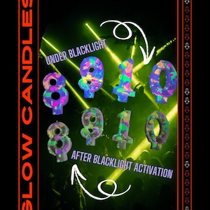 Könnte beinhalten: Glühkerzen in den Zahlen 8, 9, 1 und 0. Die Kerzen sind mehrfarbig und leuchten unter Schwarzlicht. Der Text "UNDER BLACKLIGHT" und "AFTER BLACKLIGHT ACTIVATION" ist auf dem Bild zu sehen.