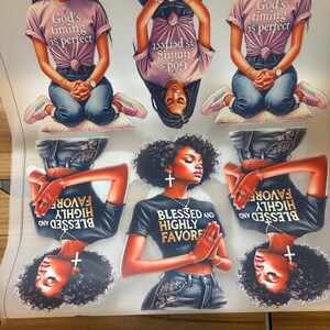 May include: Digital collage sheet featuring six images of a woman with long black braids wearing different outfits and praying. The images include text that says "God's timing is perfect" and "Blessed and Highly Favored".