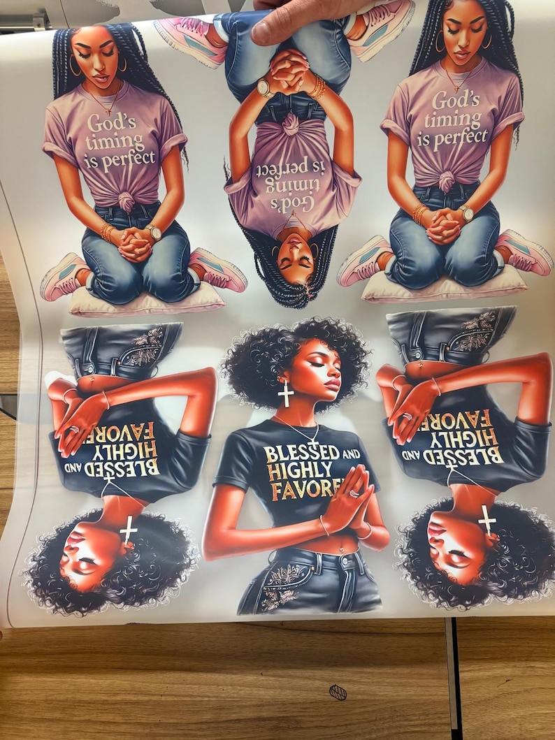 May include: Digital collage sheet featuring six images of a woman with long black braids wearing different outfits and praying. The images include text that says "God's timing is perfect" and "Blessed and Highly Favored".