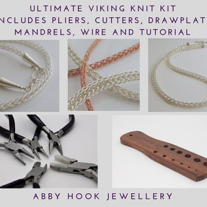 May include: A kit for making Viking knit jewelry, including pliers, cutters, a drawplate, mandrels, wire, and a tutorial. The kit also includes a wooden drawplate with multiple holes for different wire sizes. The image shows examples of finished Viking knit necklaces in silver and copper.