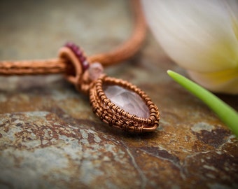 Rose Quartz, Garnet and copper pendant with copper and Rose Quartz Viking knit necklace