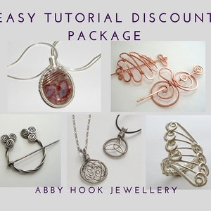 May include: An assortment of handmade wire jewelry pieces, including pendants, hair accessories, a brooch, and a ring. The jewelry is made of silver and copper wire. The text "EASY TUTORIAL DISCOUNT PACKAGE" and "ABBY HOOK JEWELLERY" are visible.