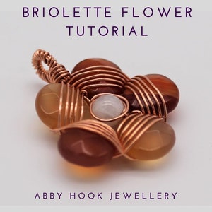 Peut inclure: Pendentif artisanal en fil de cuivre en forme de fleur, orné de pierres précieuses marron et orange. Le pendentif est enroulé de fil et possède une boucle pour l'accrocher. Le texte "BRIOLETTE FLOWER TUTORIAL" et "ABBY HOOK JEWELLERY" sont visibles.