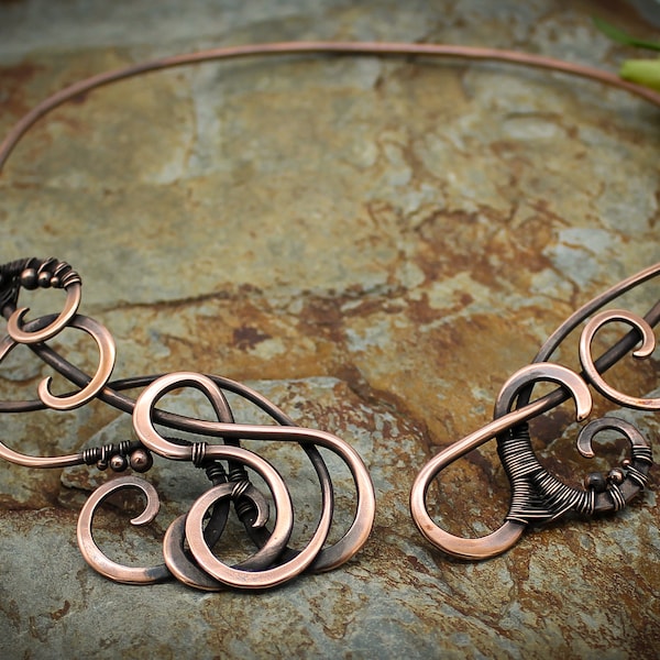 Asymetrical open swirl copper neck torc, flowing, woven design, gift for her, neck collar