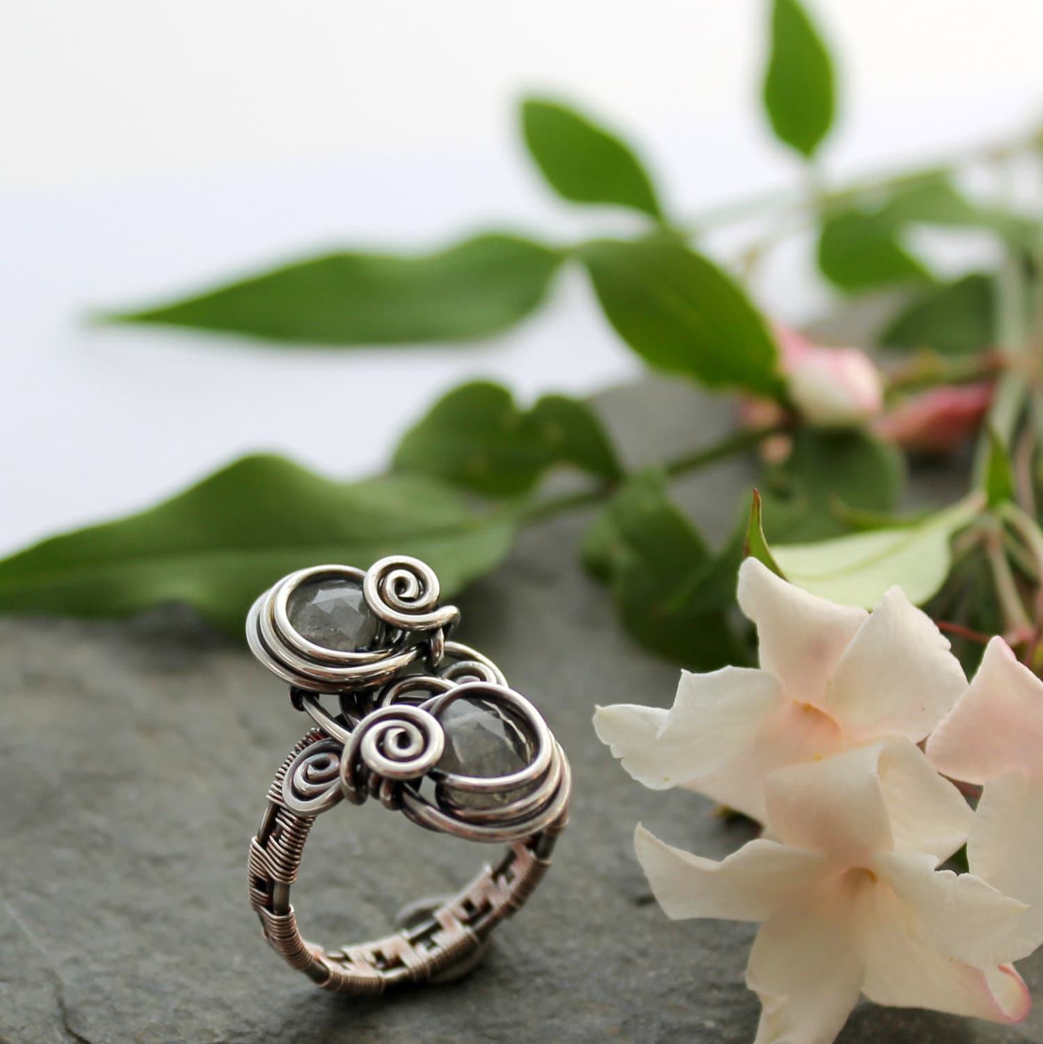 Woven Sterling Silver Ring: Double Labradorite, Oxidized Wirework