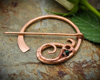 Paisley Penannular Brooch - Copper and faceted Opal - Celtic , Viking or Scottish pin