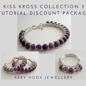 May include: A set of three silver wire wrapped jewelry pieces with amethyst beads. The set includes a bracelet, a pair of earrings, and a ring. The jewelry is handmade and has a delicate, feminine look.