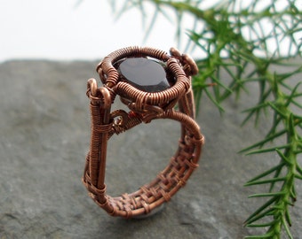 Spiral Bezel Smokey Quartz Ring - copper wire woven ring - oval-facet natural smokey quartz gemstone - handmade wire wrapped ring