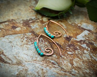 Embellished Ammonite open pointed spiral tribal earrings - 1mm copper and faceted Turquoise