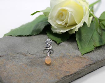 Hair Bead or Ring Spiral with Peach Moonstone dangle Beard, Dreadlock or braid ring or bead - Shiny Sterling silver - Medium