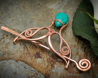 Mermaids Tail Hair Barrette in copper with Turquoise  - Hair clip or shawl pin