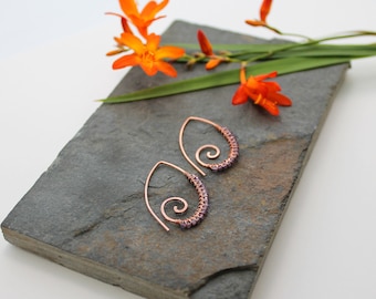 Embellished Ammonite open pointed spiral tribal earrings - 1mm copper and faceted Amethyst