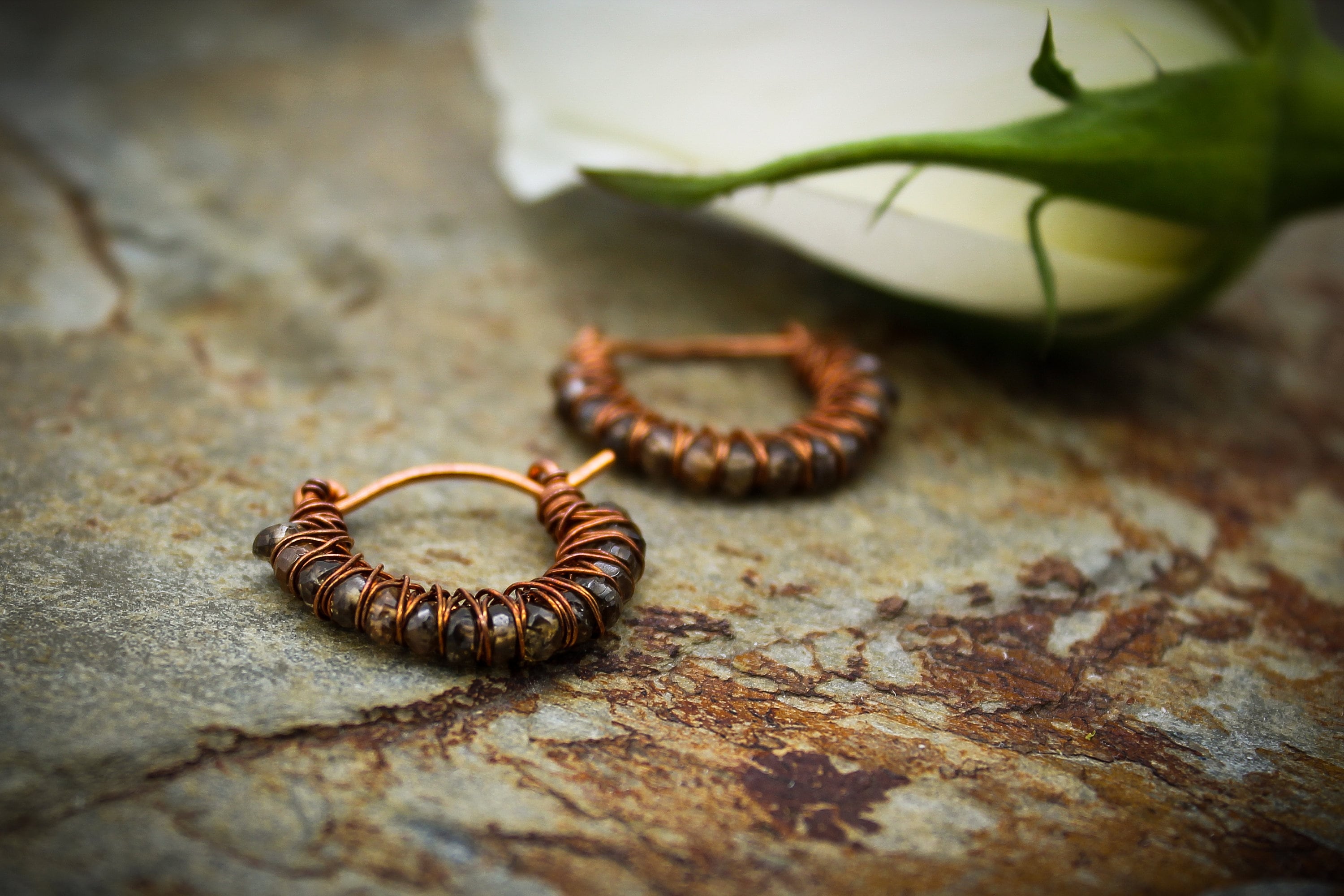Copper Wire Wrapped Hoop Earrings: Garnet Kiss Kross Design