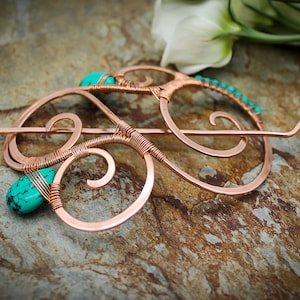 Hair Barrette in copper with Turquoise - Quintessence - Hair clip or shawl pin