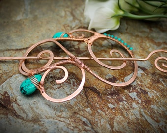 Hair Barrette in copper with Turquoise - Quintessence - Hair clip or shawl pin