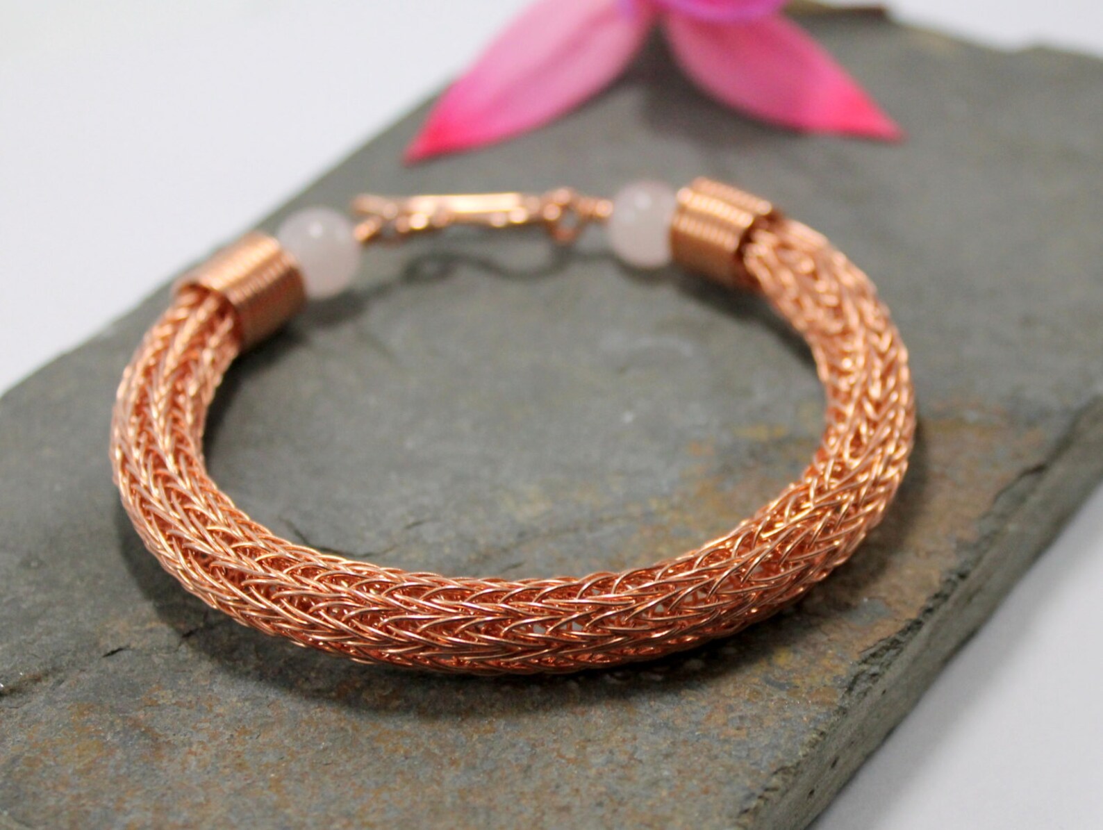 Viking Knit Bracelet Double Knit Copper Wire and Rose Quartz Etsy UK