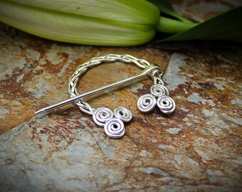 Penannular Brooch - Celtic Triskele Spirals - Braided Sterling Silver - Celtic Fibula pin