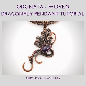 May include: A copper wire dragonfly pendant with a purple gemstone, titled "ODONATA - WOVEN DRAGONFLY PENDANT TUTORIAL" and "ABBY HOOK JEWELLERY".