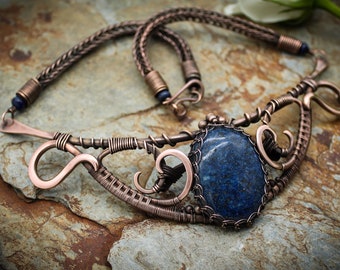 Celtic Queen Shield Necklace - Copper with Lapis Lazuli - hammered wire wrapped necklace