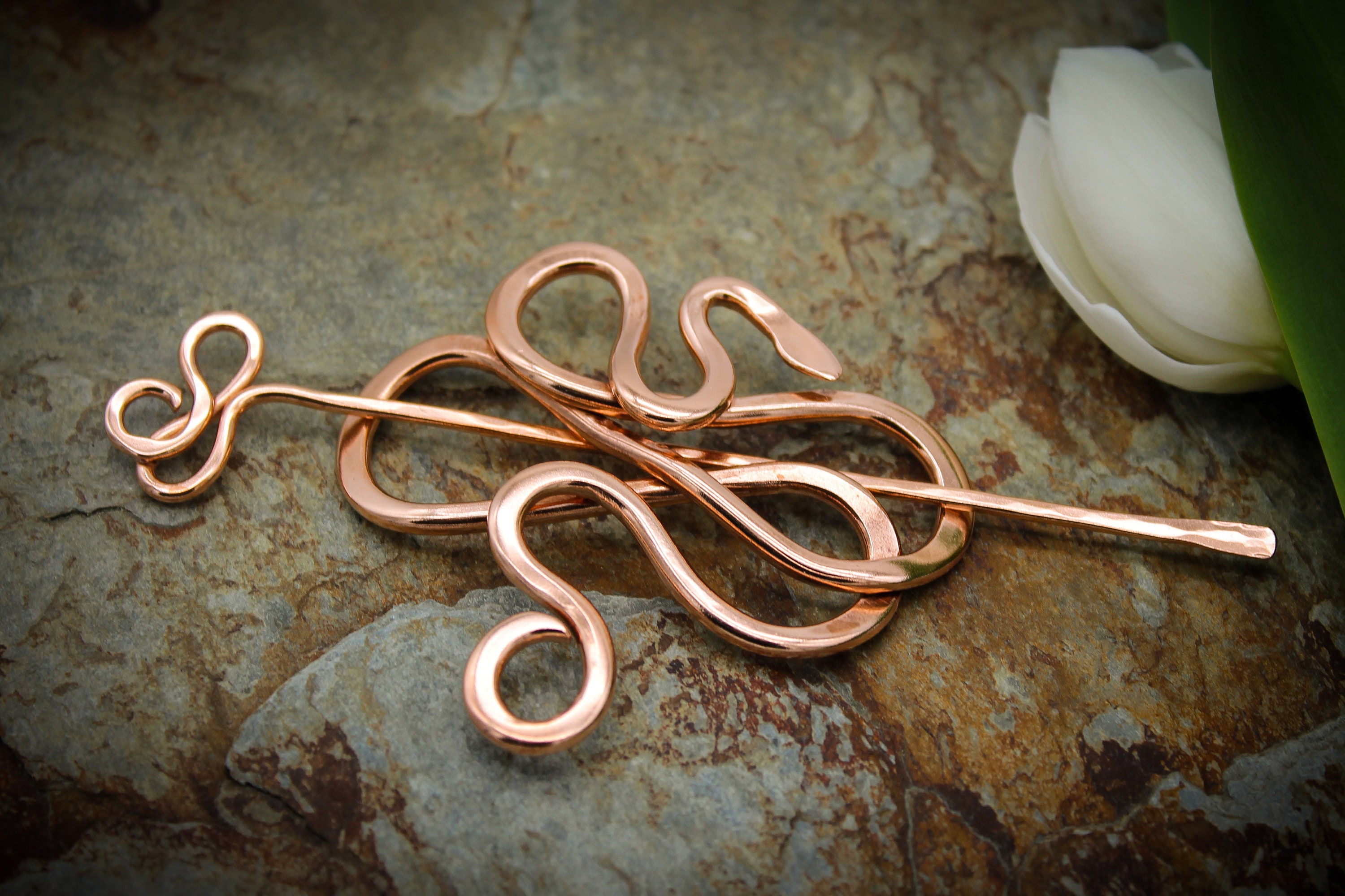 Hammered Copper Serpent Hair Barrette: Scarf Pin, Hair Clip
