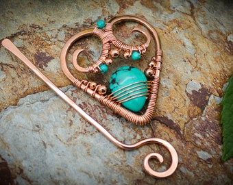 Heart Hair Barrette in copper with Turquoise  - Hair clip or shawl pin